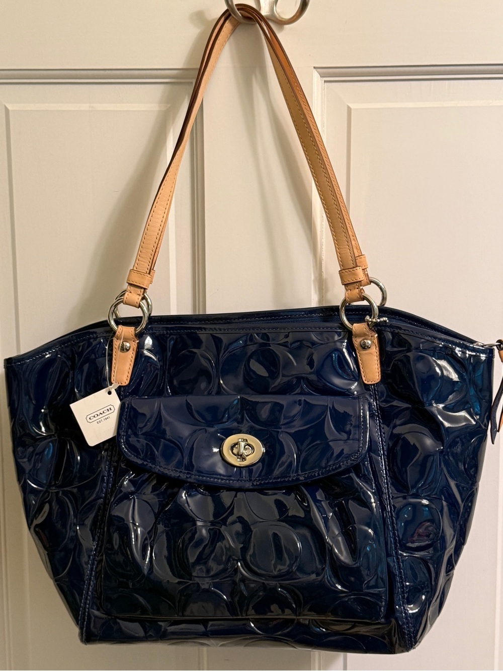 Coach Navy Patent Tote with Natural Leather Straps. Signature Embossed Leah. NWT